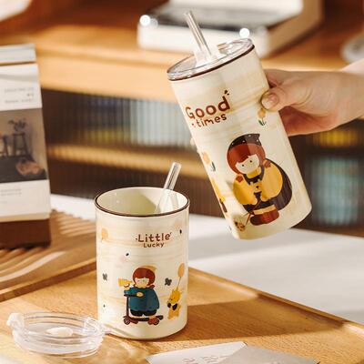 童话女孩杯子创意陶瓷吸管杯家用杯子带盖办公室高颜值伴手礼水杯