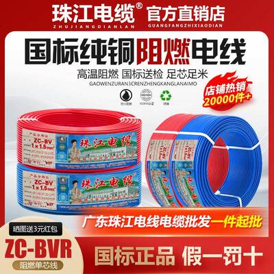 珠江电线国标铜线2.5/4/6/10/16/25平方阻燃铜线单芯线接地线BVR