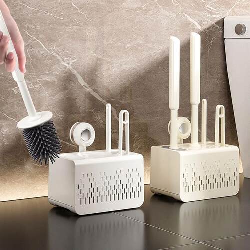 Four-in-One Toilet Brush Set with Suction Cup Wall Mount, De