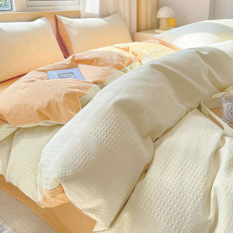原生态A类华夫格全棉四件套超柔水洗棉床单被套纯棉床笠床上用品