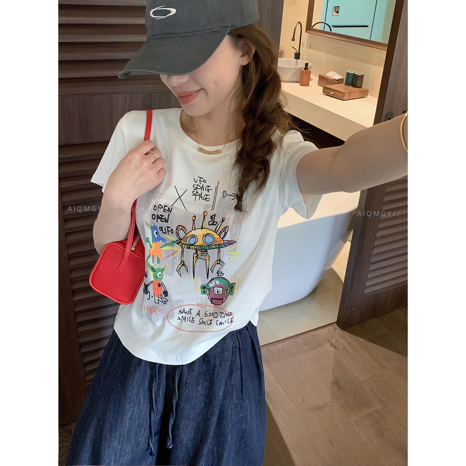 爱情魔鬼鱼 短袖圆领卡通印花T恤女2026夏季新款时尚宽松百搭上衣