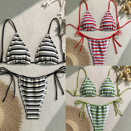 Striped towel cloth style women's bikini split swimsuit