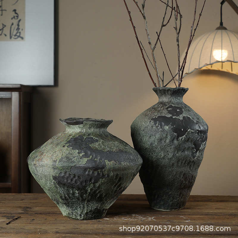 景德镇陶瓷花瓶侘寂风禅意摆件粗陶民宿酒店复古旧陶罐插花装饰品