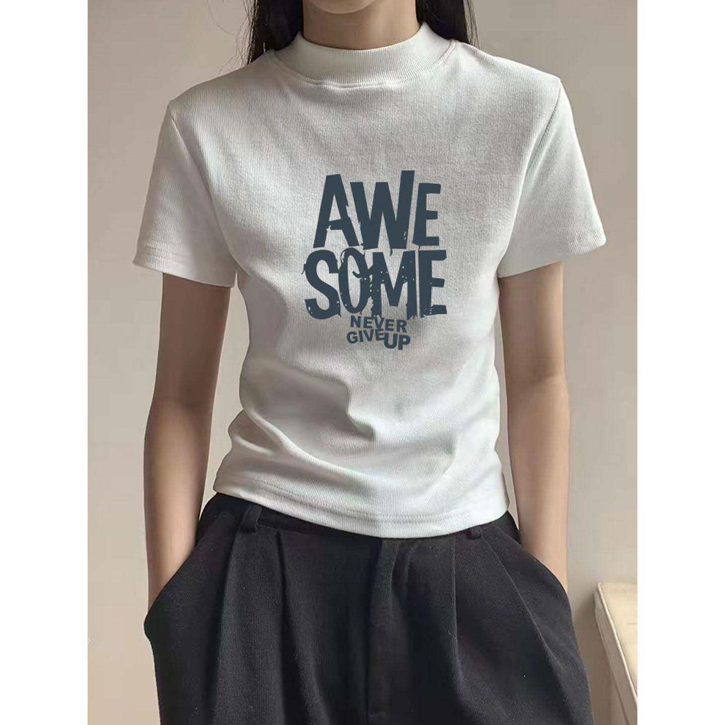 韩国半高领短袖T恤女小众设计感正肩显瘦经典百搭白色上衣春夏季