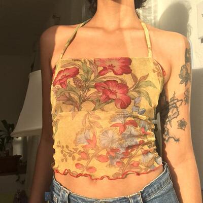 Printed mesh lace up vest for women, short cut one neck