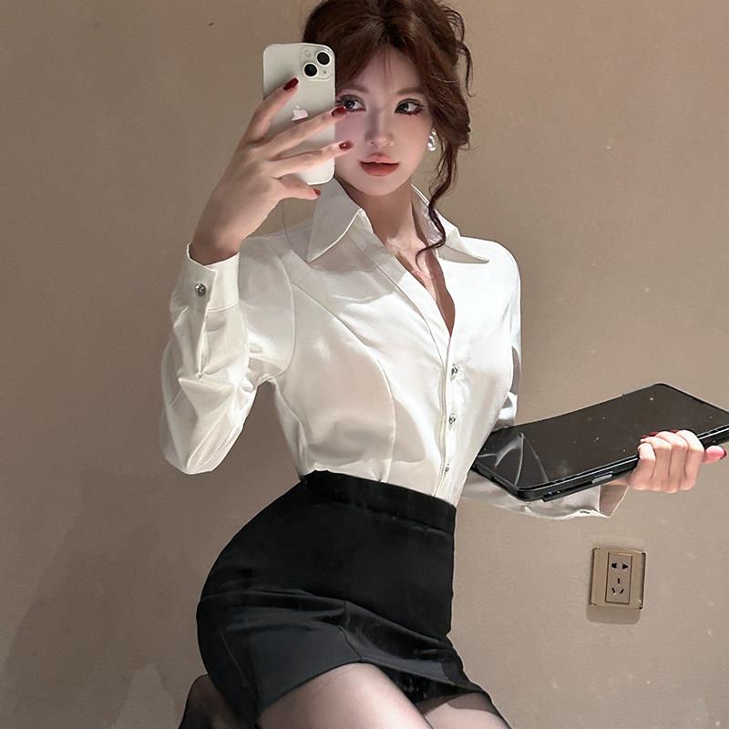 长袖性感领白衬衫职业工作正装服气质女春秋修身秘书制服套装