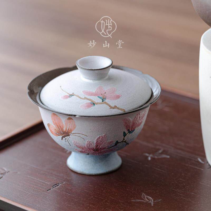粗陶二才盖碗茶杯陶瓷功夫茶具女士高档泡茶单个茶碗玉兰娇