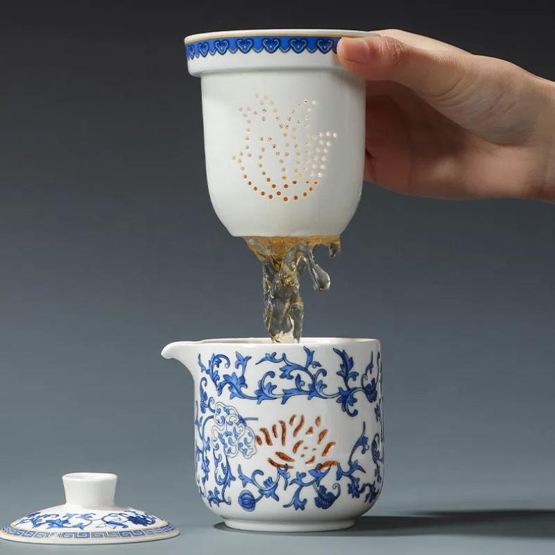 青花玲壶F-1000珑羊玉旅行茶具套瓷组脂户外露营可携式快客杯缠枝