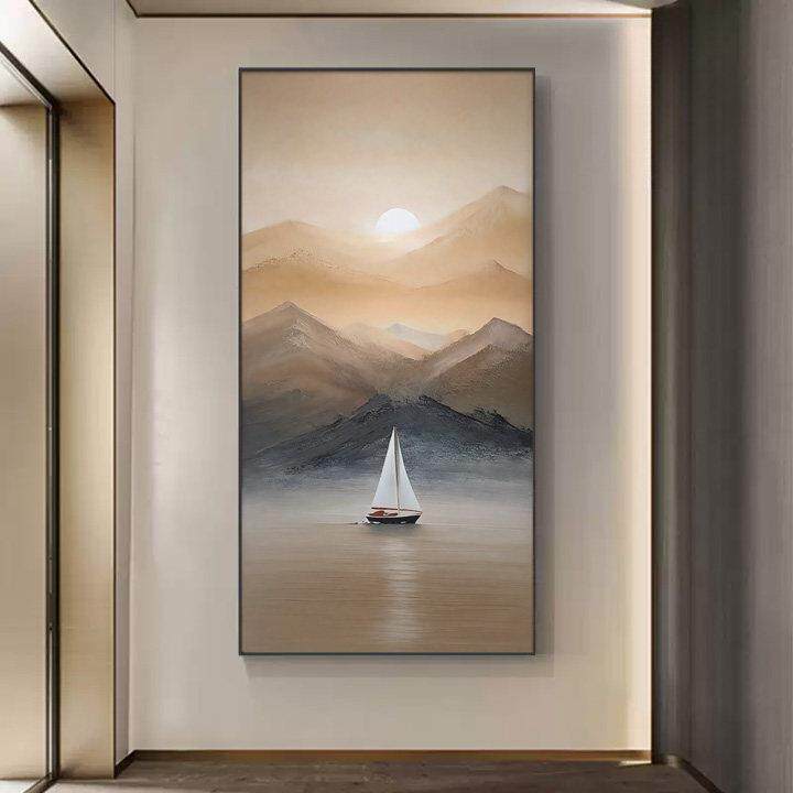 《墨晓行舟》帆船水墨意境玄关装饰画入户正对门挂画走廊过道壁画