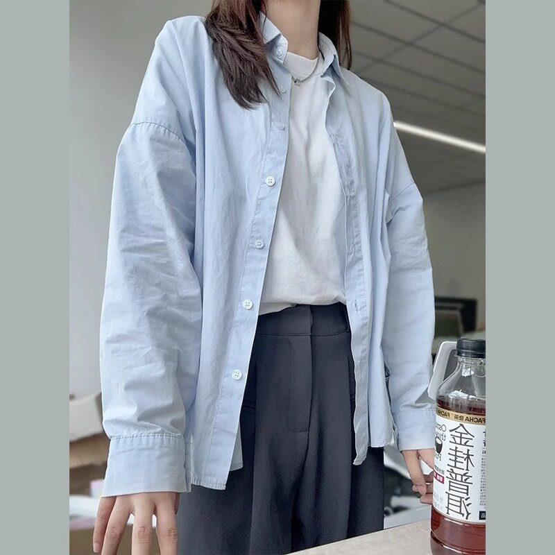 日系蓝色长袖衬衫外套女春秋新款设计感法式小众防晒衬衣开衫上衣
