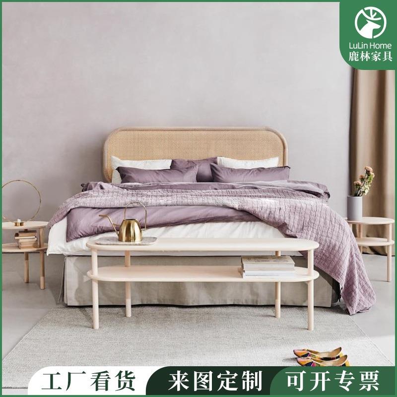 北欧实木藤床双人现代简约卧室1.5 1.8米布艺可拆洗白蜡木主卧床