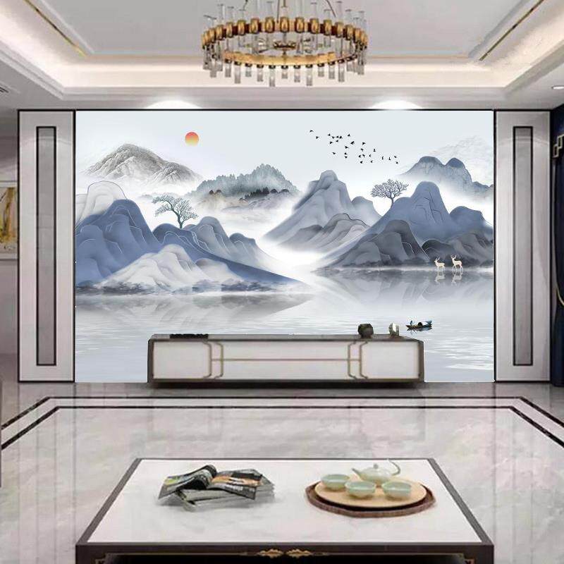 32D新中式手绘山水画浅灰电视背景墙壁纸客厅沙发墙纸壁画影视墙