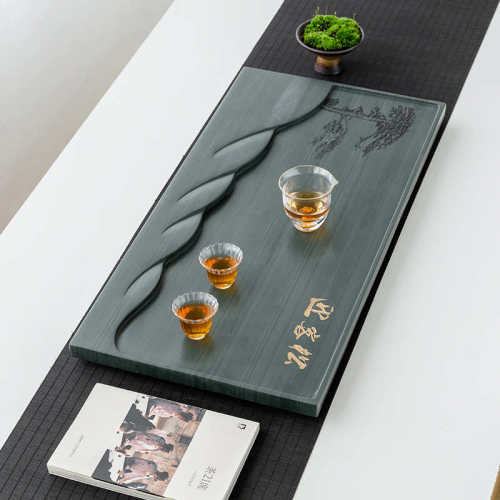 天然绿檀木纹石茶盘家用简约整块石头茶台大茶海轻奢小型排水托盘