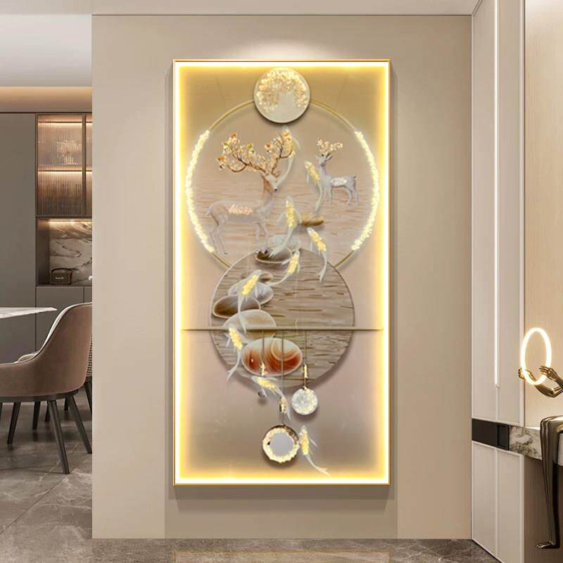 现代轻奢玄关装饰画 画九鱼图入户正对门挂画 画LED灯福禄走廊过