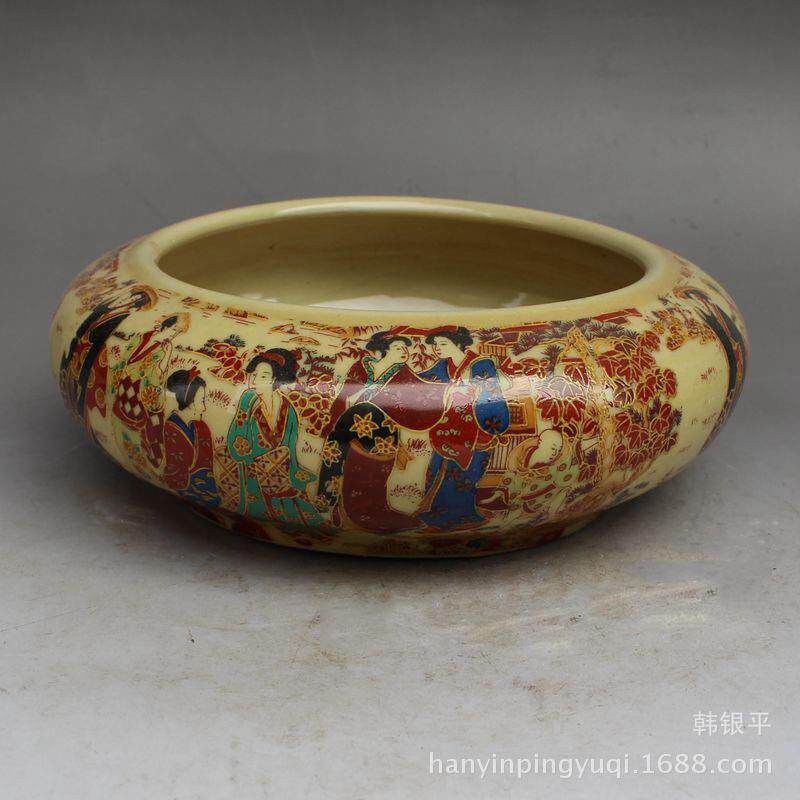 做旧仿古瓷器彩绘仕女图烟灰缸瓷缸收藏复古桌面装饰摆件