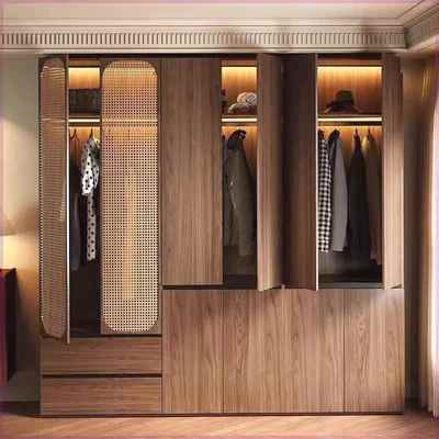 分段式实木衣柜卧室胡桃色一门到顶柜子藤编复古挂衣区多大衣橱