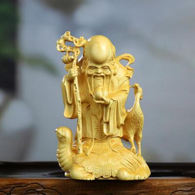 黄杨木雕木质雕刻龟鹤寿星公家居装饰工艺品中式摆件贺寿生辰礼物