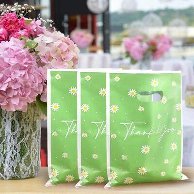 10pcs Green Daisy Flower Thank You Tote Gift Bags Plastic