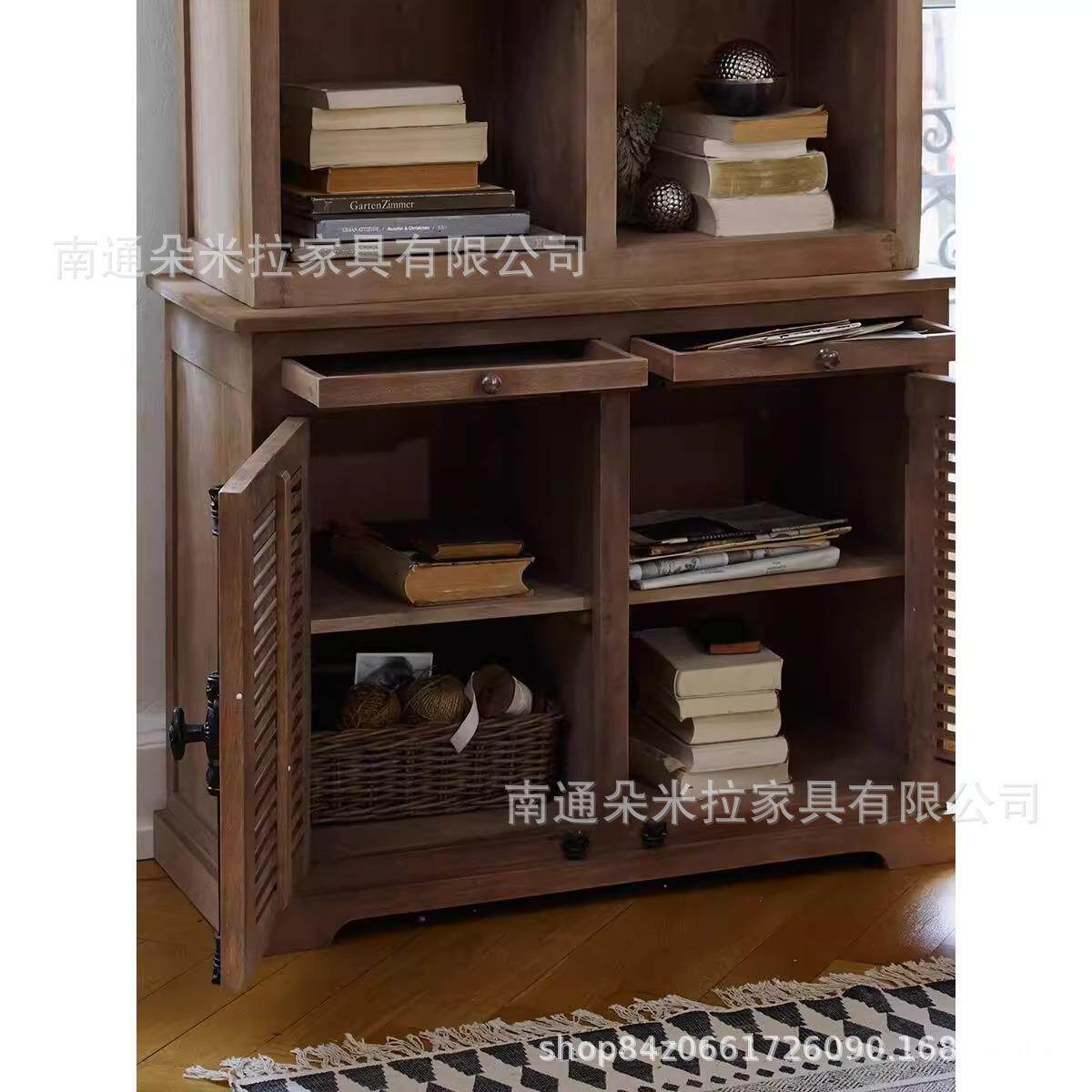 美式乡村实木书柜落地书橱百叶门天地锁复古储物柜靠墙展示柜