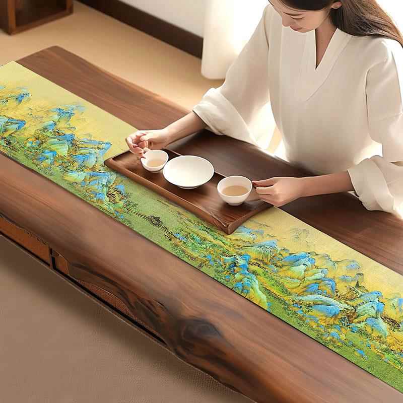 新款千里江山图餐桌茶台防水桌旗新中式禅意茶席垫子桌布茶布茶巾