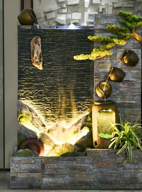 新XAB中式客厅庭院水景水泉幕墙假山水喷会所流酒店景造景观装饰