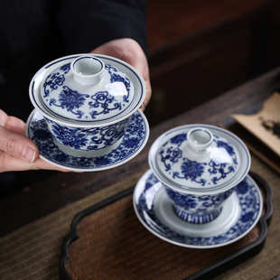 仿古青花瓷三才盖碗单个陶瓷碗家用缠枝莲大号复古功夫茶具泡茶碗