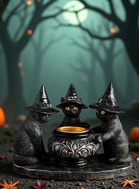 万圣节新款巫师猫神秘暗黑风覆古摆件树脂工艺品鬼节香薰蜡烛烛台