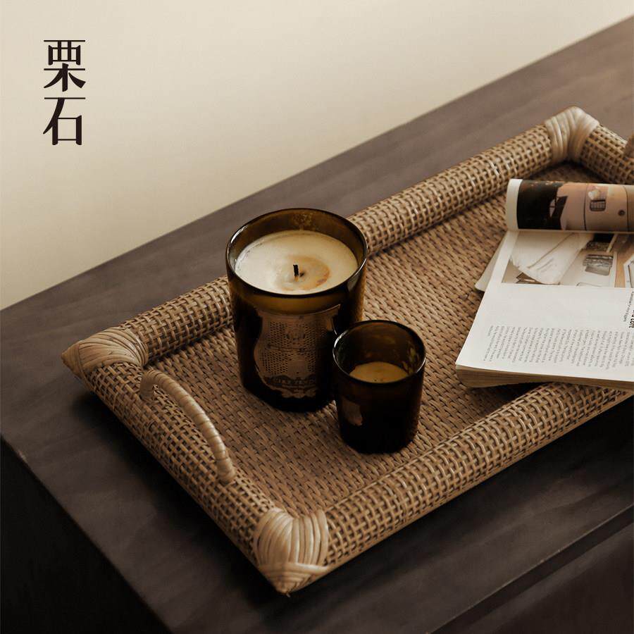 栗石中式复古木制藤编托盘摆件中古高级感民宿茶室创意长方形茶盘