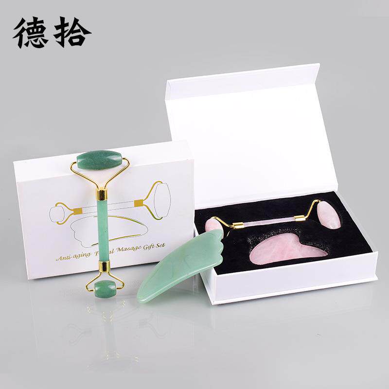 玉石刮痧板粉晶按摩滚轮刮痧板套装眼部按摩棒玉石滚轮按摩器