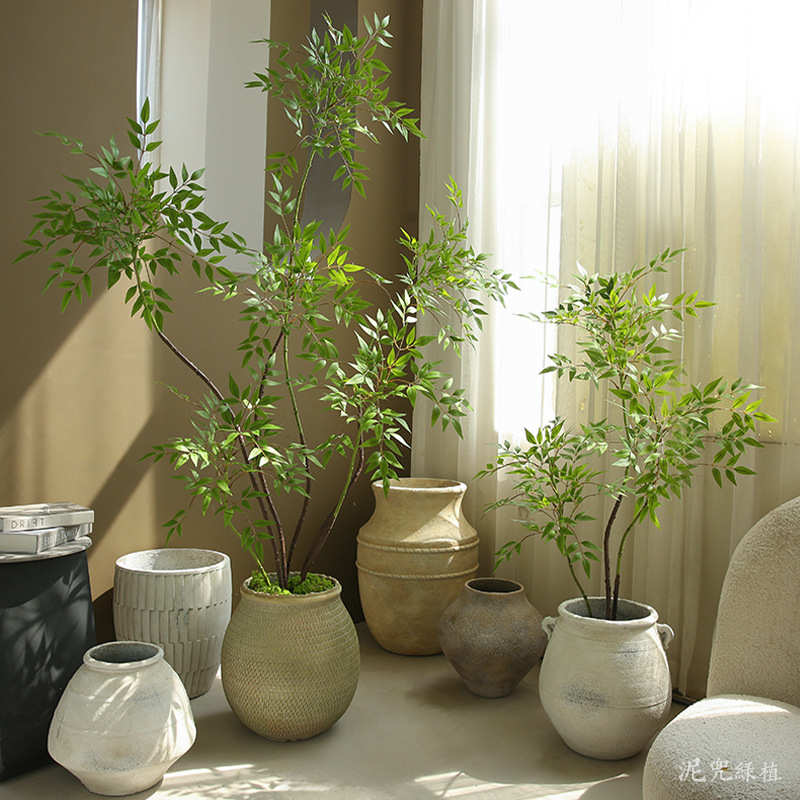 复古水泥盆侘寂风做旧大型落地花盆摆件户外庭院客厅阳台花盆