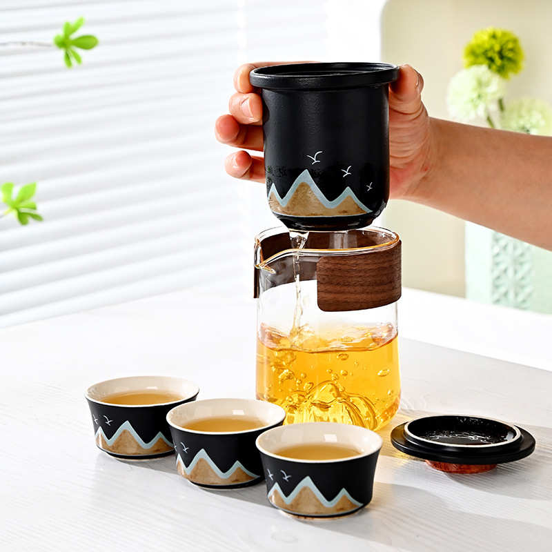 千里江山陶瓷快客杯一壶三杯便携带旅行茶具套装商务礼品伴手礼