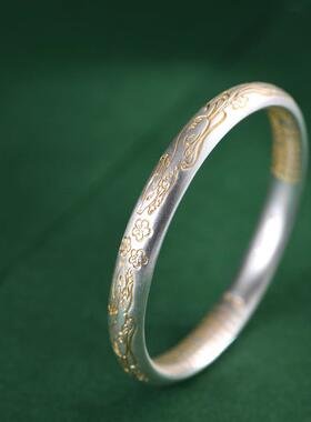 -网红 足银手工描金9九尾灵银狐莲花心经文空心闭口女款99镯子