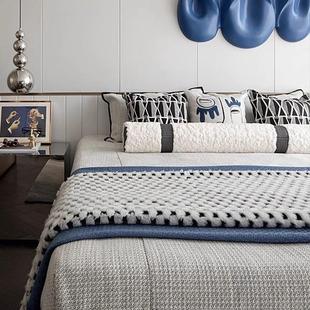 现代风儿童房床上用品蓝色系搭毯抱枕样板间床品软装 10件套