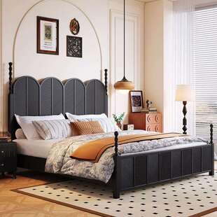 法复古中古风全实主木床雕式 轻OVS奢主柱卧床婚床 花罗马黑色美式