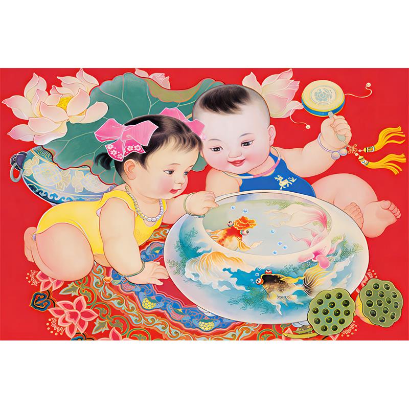 婴儿海报龙凤胎宝宝贴画复古年画老款孕妇福娃老式壁画结婚小孩画