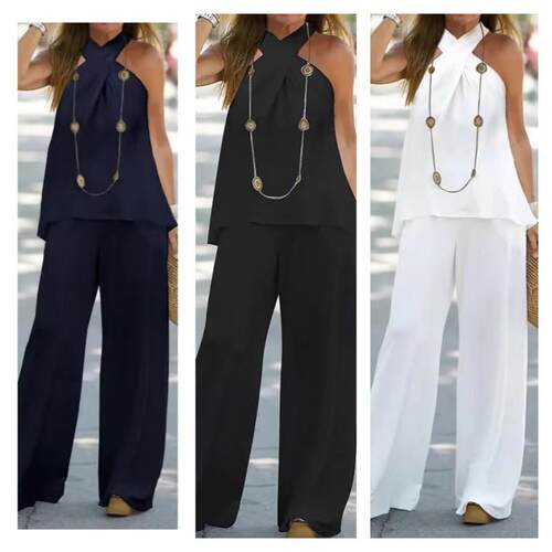 Women's neck hanging sleeveless suit, wide leg pants, long