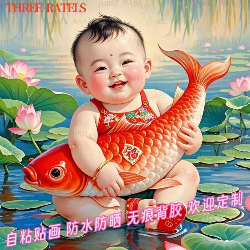 中国风吉祥好运锦鲤娃娃贴画福娃年画娃娃自贴家居墙上贴墙门贴画