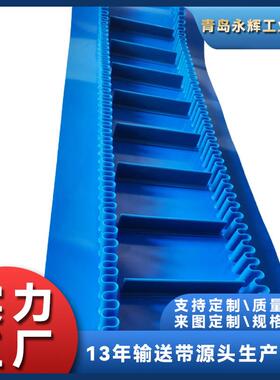 加工PVC PU蓝色输送带蓝色裙边挡板输送带提升机爬坡耐磨