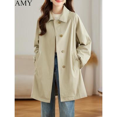 秋装纯棉中长款休闲口袋外套2025新款长袖卡其洋气翻领宽松风衣女