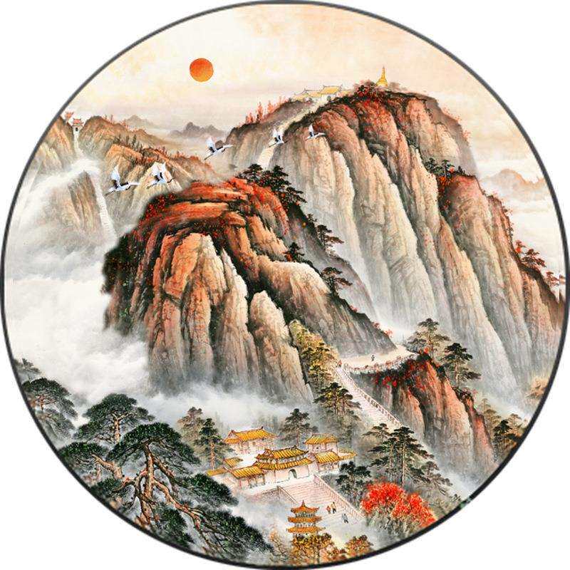 山岳五独尊泰山日出招财图风水进门画有山无水圆形背后有靠HGI挂