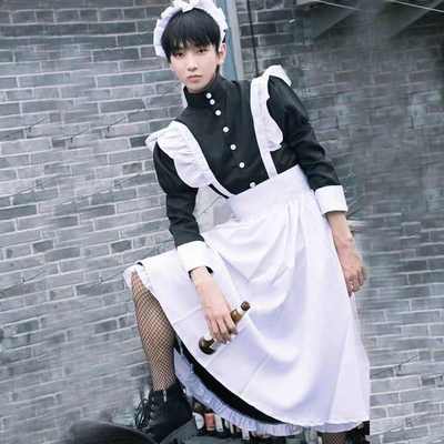 cosplay服装黑白男仆衣服英国风珍珠线长款咖啡厅女仆装猫耳制服