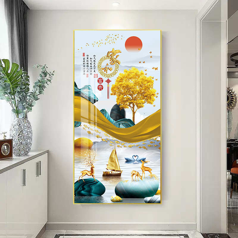 家和富贵装饰画走廊尽头壁画过道入户玄关北欧风格麋鹿发财树挂画图片