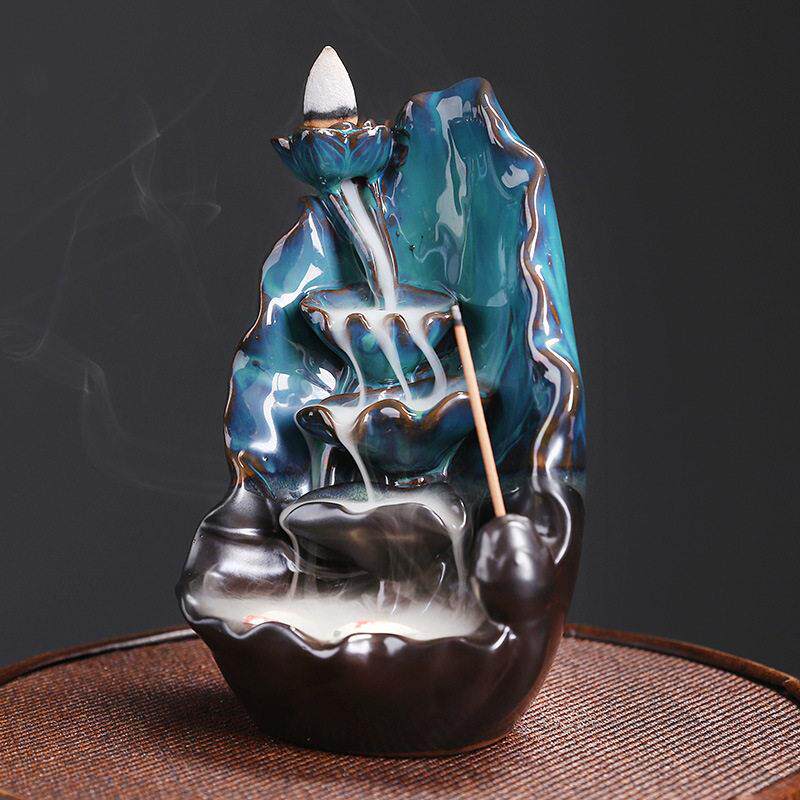 陶瓷荷花烟回流瀑布香炉创意蓝莲花倒流香薰炉家居摆件