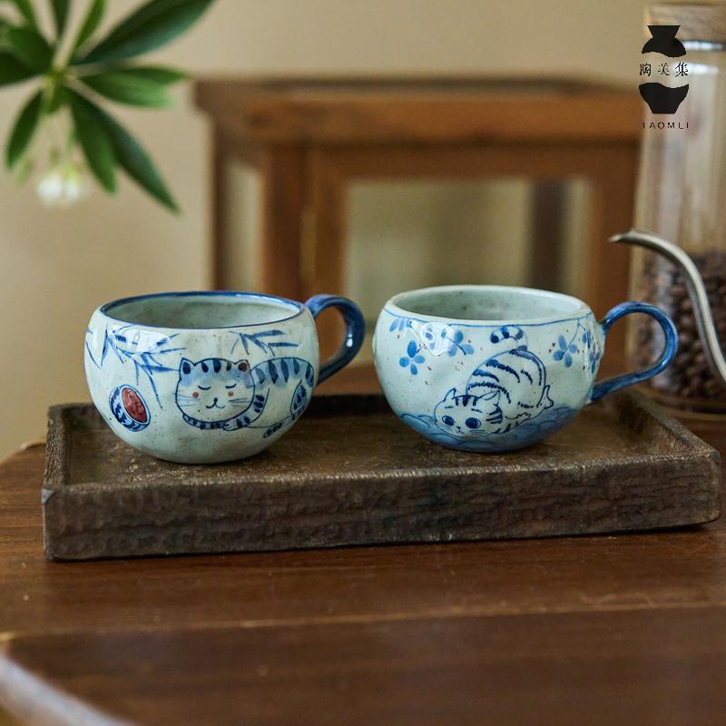 陶美集手绘青花瓷咖啡杯手工可爱猫咪马克杯家用陶瓷水杯早餐杯子