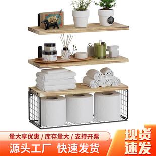 跨境木质壁挂式悬浮架浴室墙上多层浮动隔板架木质马桶带纸储物篮
