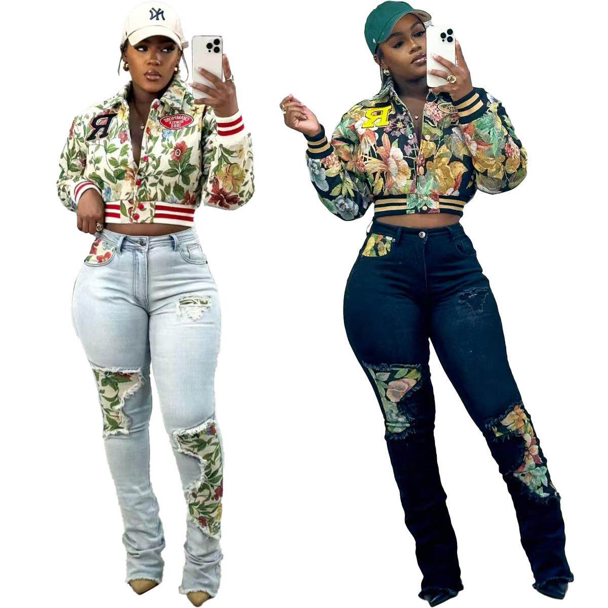 Women's printed baseball jacket with lining
