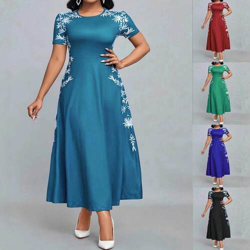 Round neck printed high waisted dress圆领印花高腰连衣裙