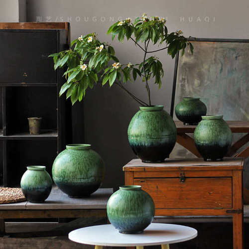 侘陶罐客厅禅意古风器中式窑变绿色花瓶复古风花摆件寂粗中陶瓷
