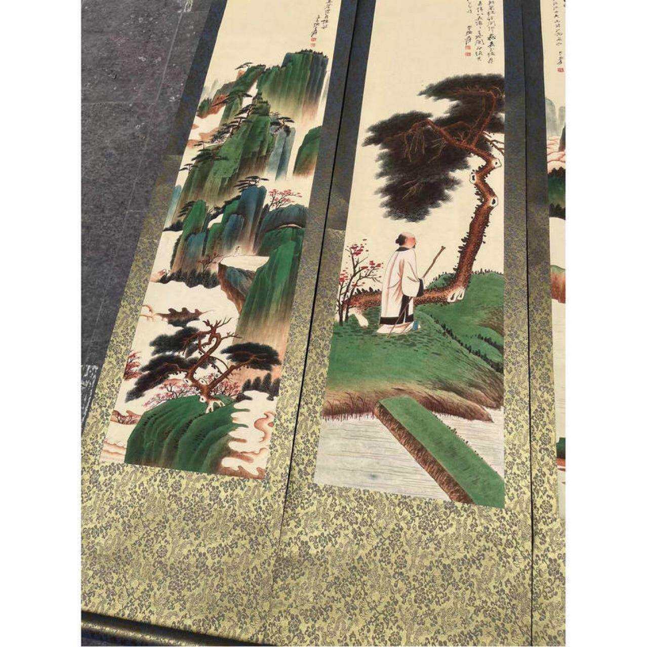 古玩现货四连壁画名人仿古字画山水人物四条屏挂画客厅四条屏