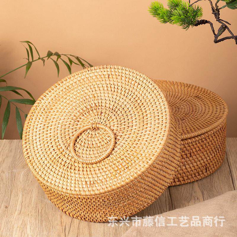 越南秋藤编零食糖果篮家用创意分隔带盖收纳筐客厅茶几桌面收纳盒